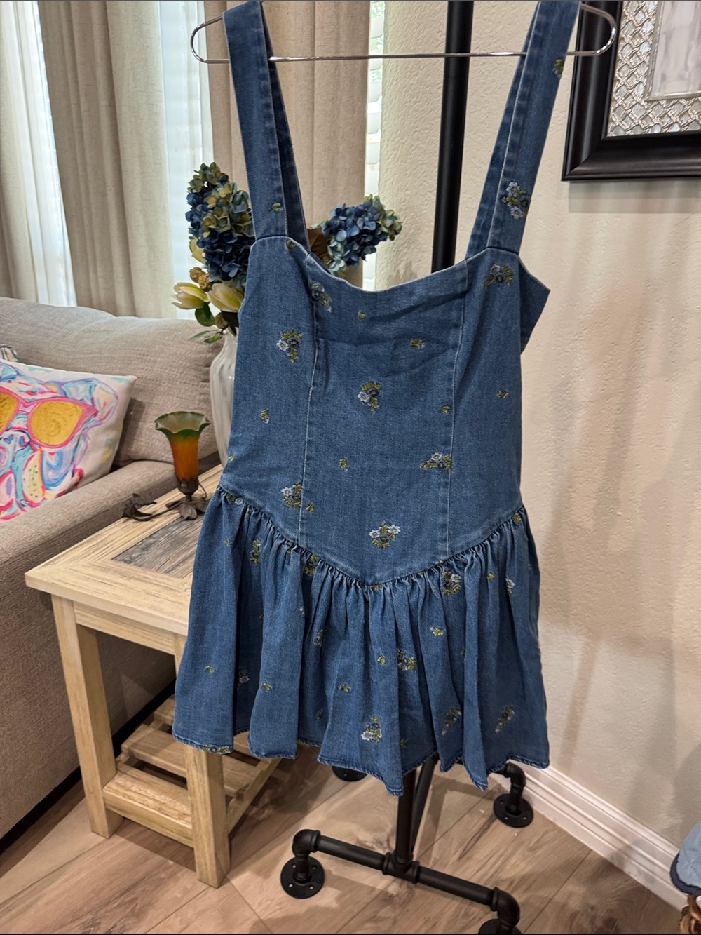 Avec Les Filles Blue Denim Floral Embroidered Pinafore Dress